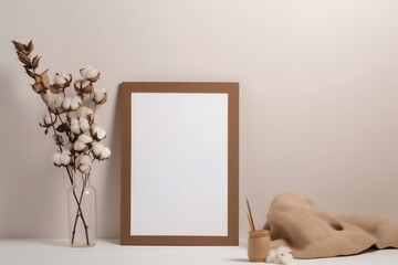 An empty wooden frame mockup beige background with a cotton flowe.minimalist Scandinavian design