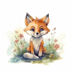 Obraz premium Watercolor forest baby animals. Cute fox, rabbit, berries, flowers. Summer woodland, nature scene, valley. Wildlife creatures