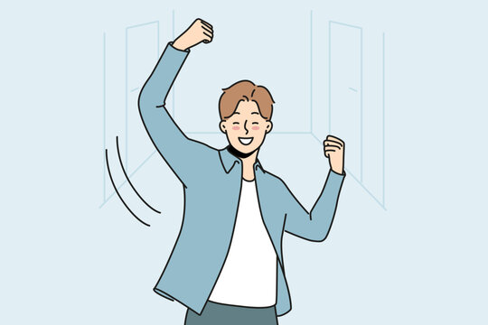 Overjoyed man dance celebrate success. Smiling male employee have fun enjoy win or victory in office. Achievement and reward. Vector illustration.