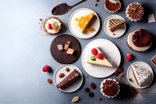 top view of slices of cakes on pastel table
