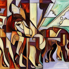 Cubist painting of the wood Trojan horse, as going into the mythical city of Troy, people around, Generative AI