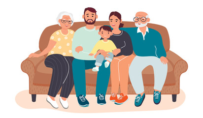 Happy  family of three generations.Mom, dad, grandfather, grandmother and grandson .Smiling relatives sit on the sofa and have fun.Vector flat cartoon illustration isolated on white background. - obrazy, fototapety, plakaty