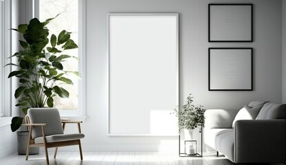 White blank poster mockup in living, scandinavian style, Generative ai