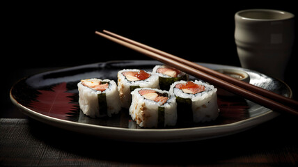 Authentic Japanese Cuisine: Fresh Sushi Roll Plate with Wasabi and Soy Sauce