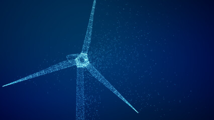 Wind turbine eco power technology concept with particle line art, renewable energy generate from green alternative electric source, Innovative windmill background 3D illustration - 585810515