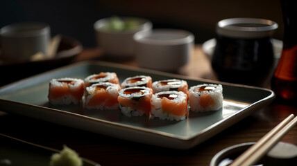 Exquisite Sushi Roll Plate with Chopsticks, Wasabi, and Soy Sauce