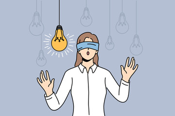 Blindfolded businesswoman walk in room full of lightbulbs looking for bright innovative idea. Woman employee with blindfold on eyes brainstorm search for innovation. Vector illustration. 