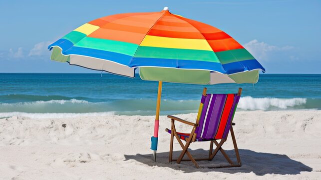 Colorful beach umbrella and chair set up on the sand in summer. Generative AI
