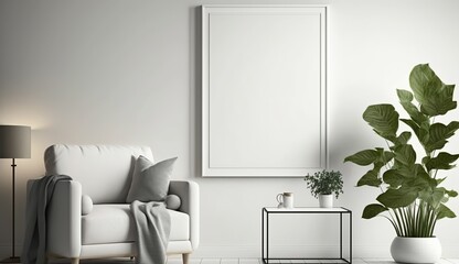 White blank poster mockup in living, scandinavian style, Generative ai