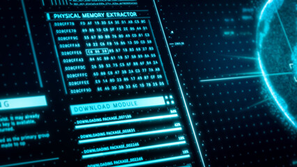 Close-up Futuristic digital cybersecurity data center interface screen background, hi-tech holographic big data analysis head up display dashboard, artificial intelligence technology 3d rendering