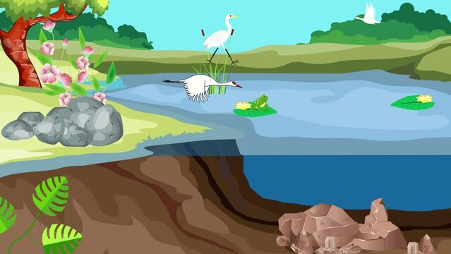 Cartoon pond ecosystem, fish, duck, frog animation