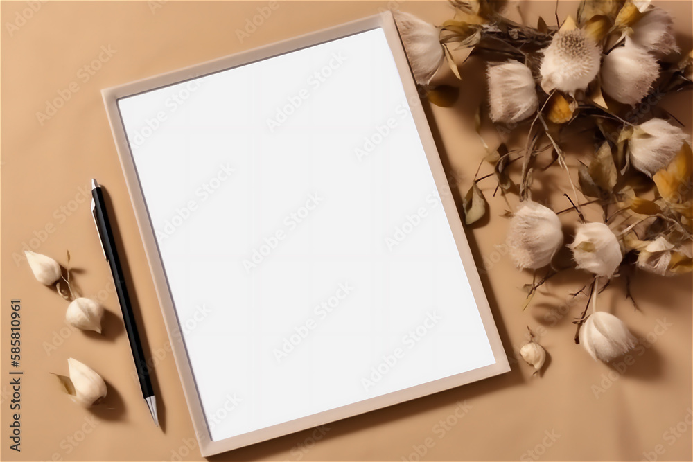 Poster empty frame or note pad mockup flat lay with a cotton flower on a beige background.generative ai