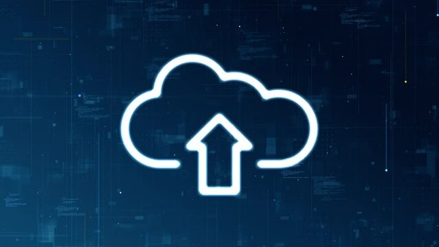 Motion graphic of Blue cloud computing logo for big data backup and data storage technology on cloud system with digital grid line abstract background concepts camera zoom seamless loop video