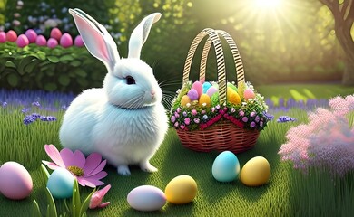 easter bunny in a garden with a basket full of colorful easter eggs 