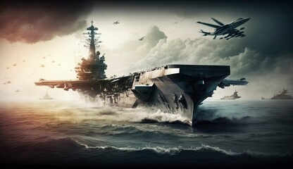 panoramic view of a generic military aircraft carrier ship with fighter jets take off during a special operation at a warzone, wide poster design with copy space area, Generate Ai