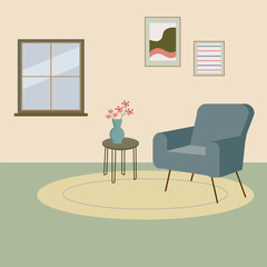 Modern minimalistic interior of living room. Flat vector. Armchair, books, home plant.