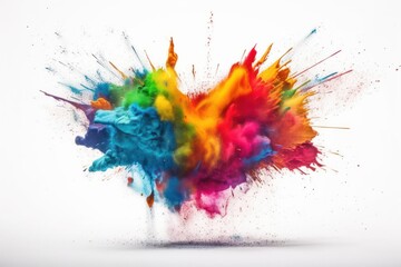 Colourful paint splashes in the shape of a love heart, Coloured powder explosion. Paint holi, Mix rainbow splash on isolated white background - Generative AI Illustration