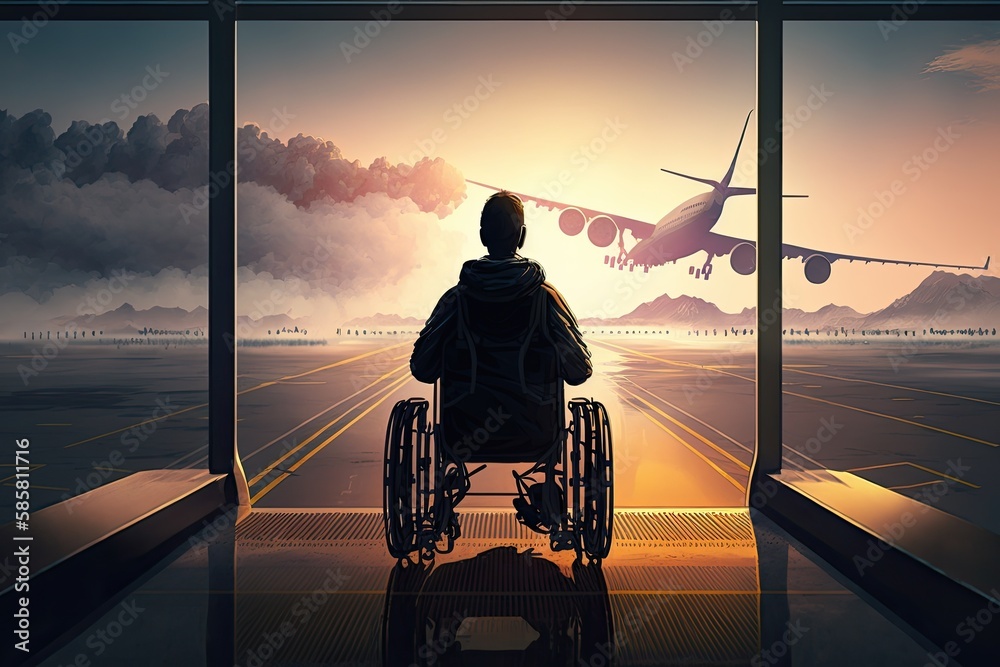 Canvas Prints man in wheelchair boarding airplane, with view of the runway and aircraft, created with generative ai