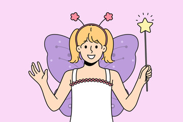 Smiling little girl in butterfly costume holding star fairy wand in hands. Happy kid in apparel for masquerade or party. Vector illustration. 