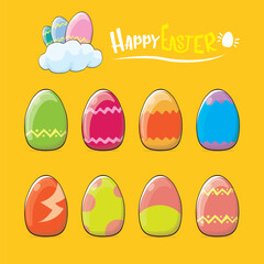 Set of colorful hand drawn Easter eggs with different colors isolated on orange background. Spring holiday. Vector Cartoon Happy easter eggs set and clip art collection