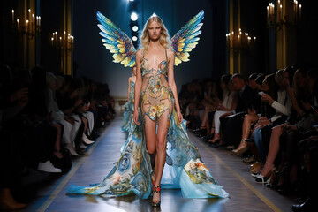 Generative AI illustration. Young adult girl model in an outfit from a famous designer catwalk show at a fashion show