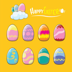Set of colorful hand drawn Easter eggs with different colors isolated on orange background. Spring holiday. Vector Cartoon Happy easter eggs set and clip art collection