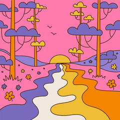 90s groovy square poster. Cartoon psychedelic retro style. Bright hippie landscape and retro floral elements. Trip nature with rainbow river, sunset, trees, trip wave. Vector contour illustration.