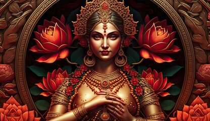 Goddess Lakshmi, the Hindu deity colorful lotus flowers. wall print