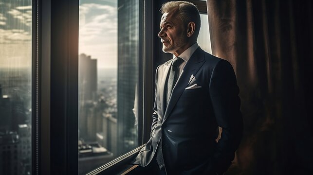 business, wealthy, classy, man in suit standing at window. generative AI