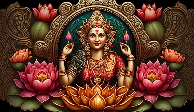 Goddess Lakshmi, the Hindu deity of wealth and prosperity, adorned with intricate jewelry and surrounded by a plethora of colorful lotus flowers.