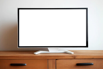 Blank white smart tv screen on wooden table. Generative ai.