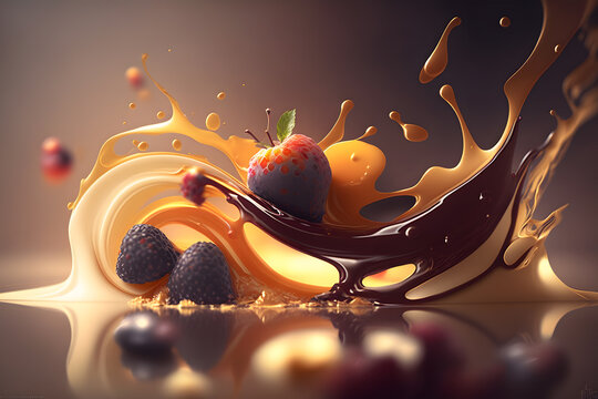 3d render of strawberry in chocolate splash with drops and splashes. Chocolate swirl with fruits and chocolate splashes on a white background. Generative AI technology.