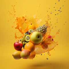 Obraz na płótnie Canvas Bursting Juicy Fruits on Vibrant Yellow, Generative AI