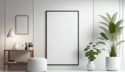 White blank poster mockup in living, scandinavian style, Generative ai