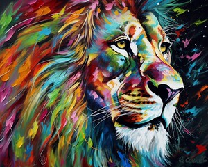 majestic lion portrait with vivid colors oil painting and natural materials. Created using generative AI
