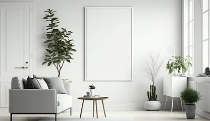 White blank poster mockup in living, scandinavian style, Generative ai