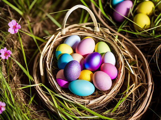 Colorful Easter eggs in a bucket surrounded by grass on natural background, Generative AI