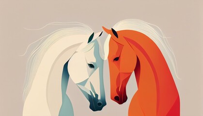 illustration of stanic white horses in love, warm colors, minimalistic style, poster style Generative AI