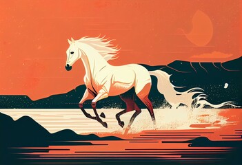 Naklejka premium illustration of freedom, white horse running on the beach, warm colors, minimalistic style, poster style Generative AI