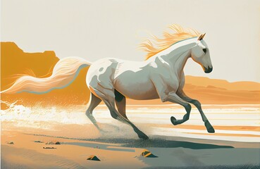 illustration of freedom, white horse running on the beach, warm colors, minimalistic style, poster style Generative AI