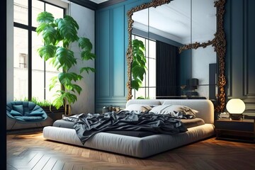 A stylish and contemporary bedroom with a platform bed and a large mirror. Generative Ai.