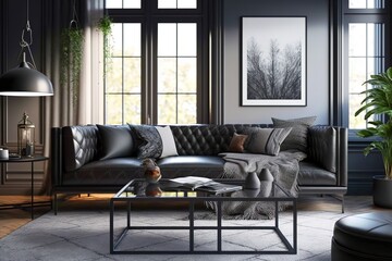 A stylish and elegant living room with a large glass coffee table and a black leather sofa. Generative Ai.