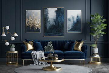 An elegant navy blue sofa in the middle of a bright living room interior with gold metal side tables and three paintings on a gray wall. Real photo. Generative Ai.