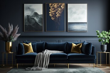 An elegant navy blue sofa in the middle of a bright living room interior with gold metal side tables and three paintings on a gray wall. Real photo. Generative Ai.
