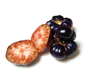 New genetic hybrid tomato variety, a blue tomato cut in half isolated on white background