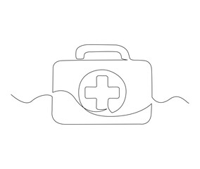 Continuous one line drawing of first aid kit box. simple medical box line art vector illustration. Editable stroke.