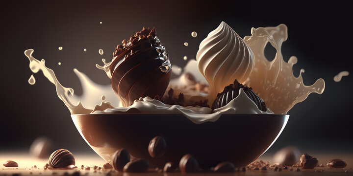 Close up of a whipped chocolate swirl. Chocolate splash on dark background. 3d renderingd illustration. Generative AI technology.