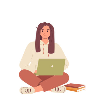 Young girl student character sitting on floor with pile of books using laptop for online learning