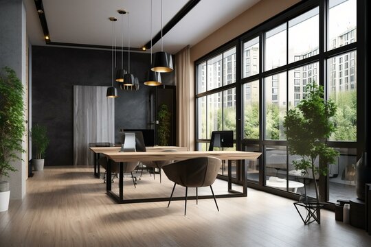 Modern coworking interior with blank mock up place on black wall, panoramic window and city view, furniture, daylight, curtains and wooden flooring. 3D Rendering. Generative AI