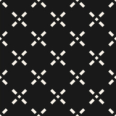 Simple vector minimalist abstract seamless pattern. Geometric texture with  small crosses, primitive floral shapes in regular grid. Easy black and white background. Modern minimal dark graphic design